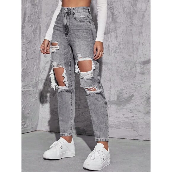 Women's High Waist Boyfriend Ripped Straight Leg Denim Jeans Grey Small - Picture 5 of 7